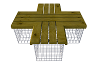 Vue 3D d'un élément de liaison en X en gabion avec assise bois intégré